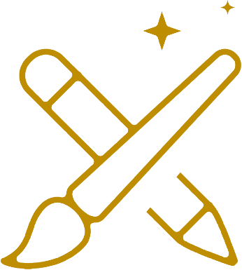 An illustration of a paintbrush and pencil crossed, with a star above, in a golden outline style.